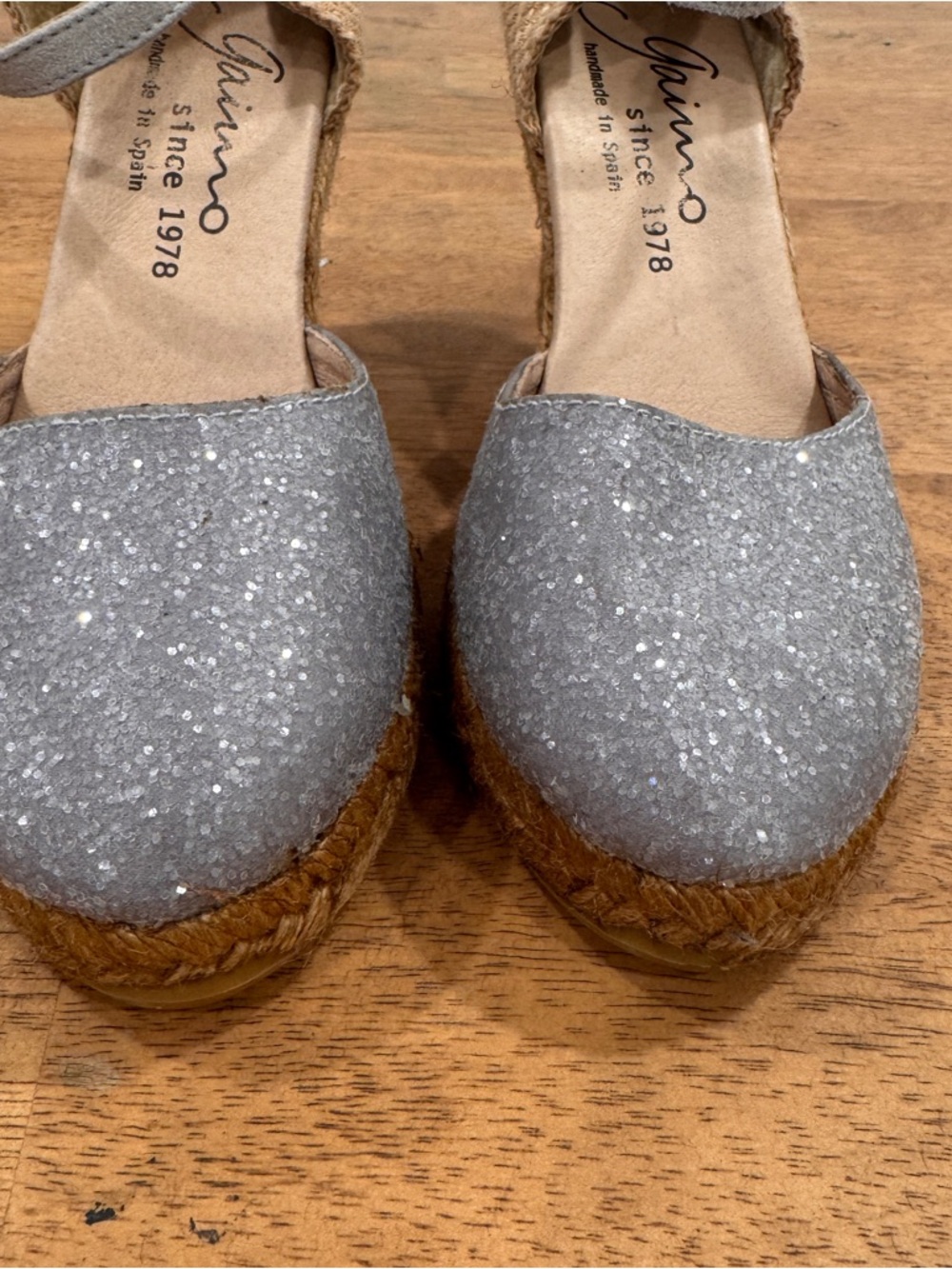 Gaimo Espadrille Wedge Heels Womens 36 5.5/6 Sparkling Silver Tan Ankle Strap - Picture 3 of 8